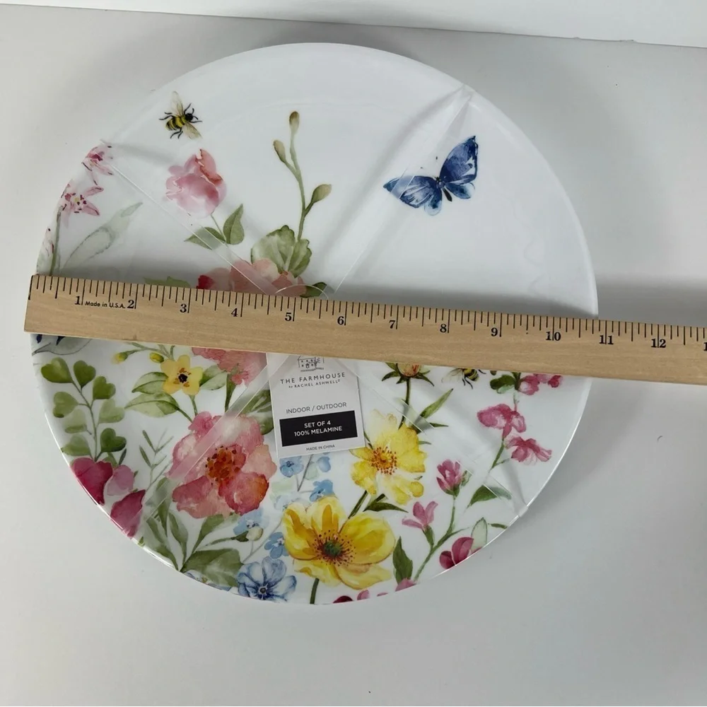 Rachel Ashwell The Farmhouse Melamine Dinner Plates Floral Spring Set of 4 NEW